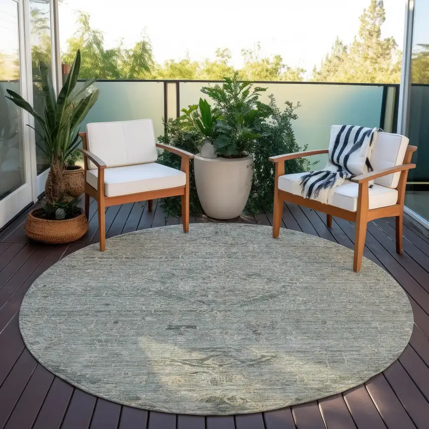8' Sage And Beige Round Floral Washable Indoor Outdoor Area Rug Photo 6