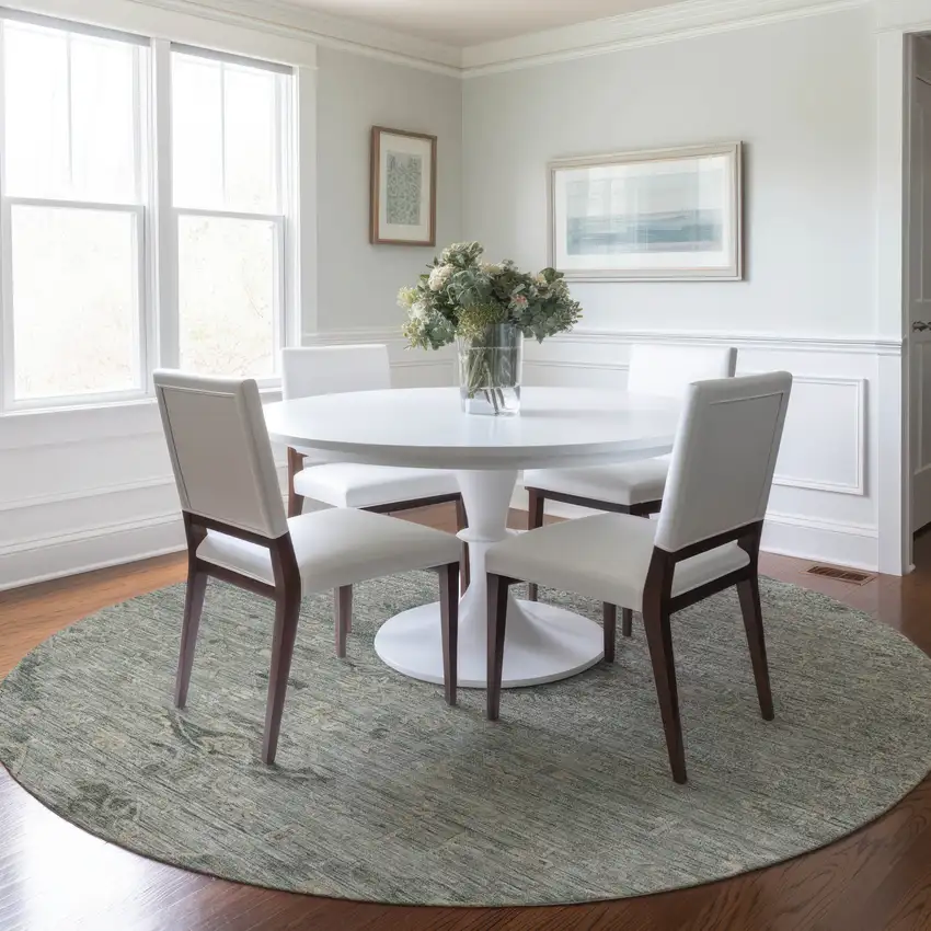 8' Sage And Beige Round Floral Washable Indoor Outdoor Area Rug Photo 7