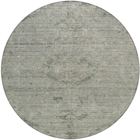 8' Sage And Beige Round Floral Washable Indoor Outdoor Area Rug Photo 2