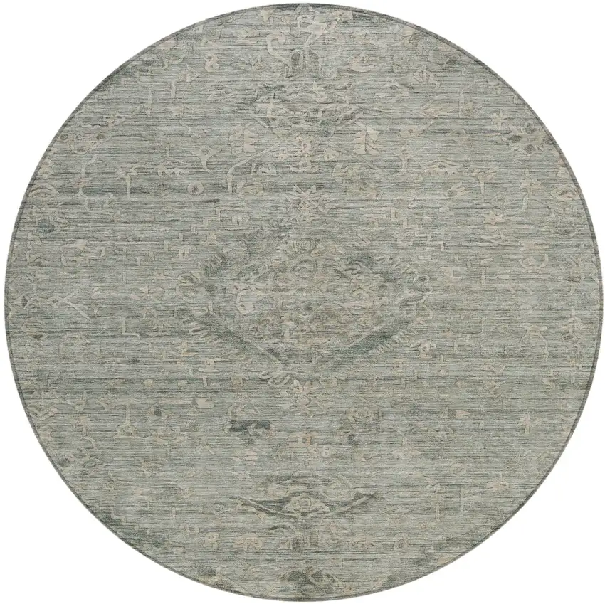 8' Sage And Beige Round Floral Washable Indoor Outdoor Area Rug Photo 2