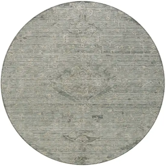 8' Sage And Beige Round Floral Washable Indoor Outdoor Area Rug Photo 5