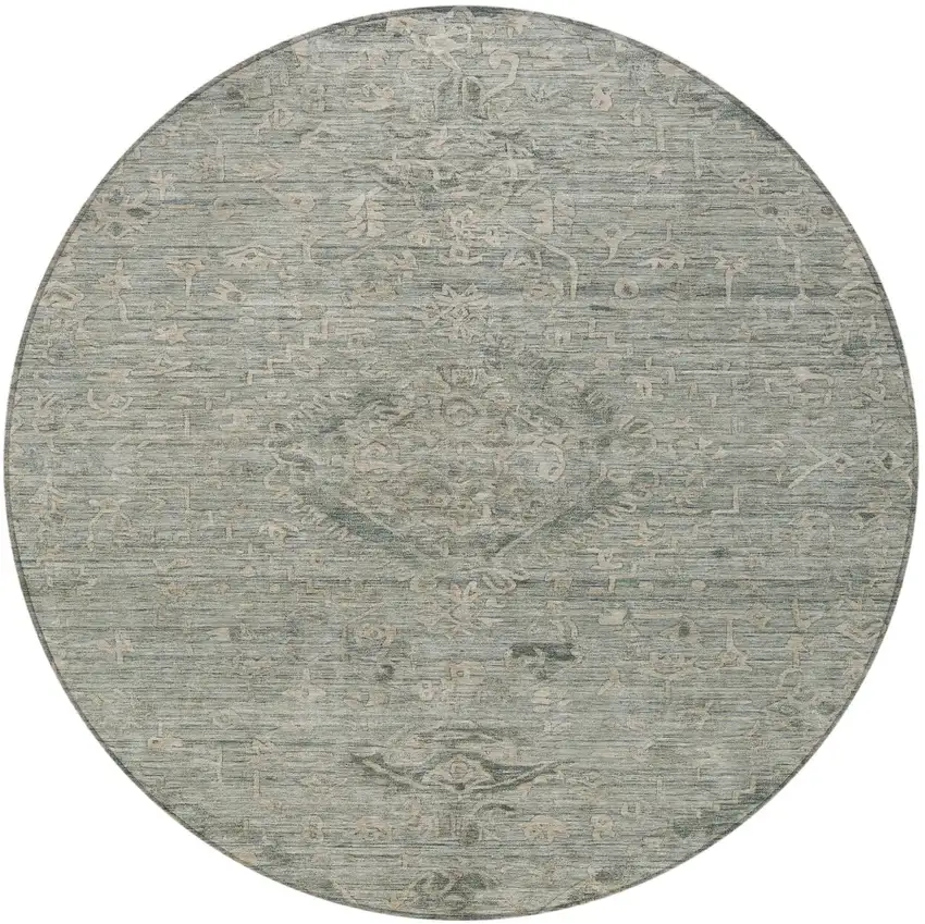 8' Sage And Beige Round Floral Washable Indoor Outdoor Area Rug Photo 5