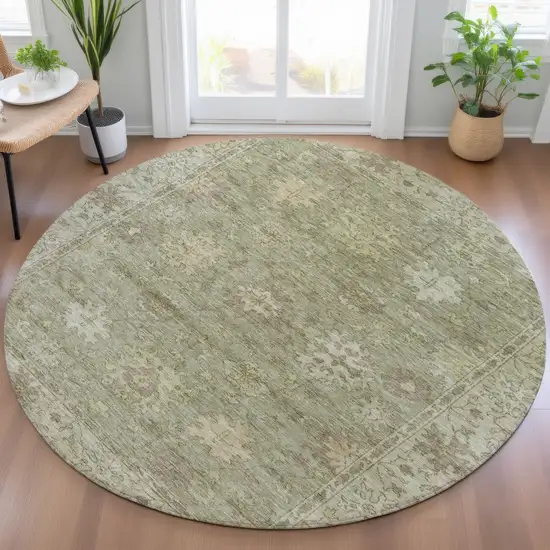 8' Sage And Beige Round Floral Washable Indoor Outdoor Area Rug Photo 6