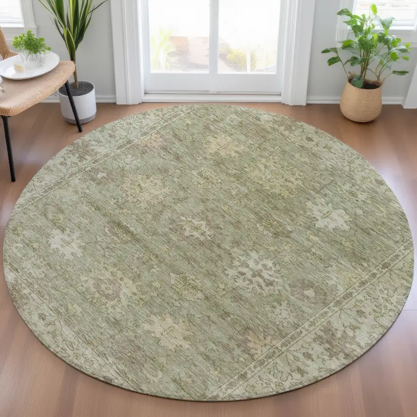 8' Sage And Beige Round Floral Washable Indoor Outdoor Area Rug Photo 6