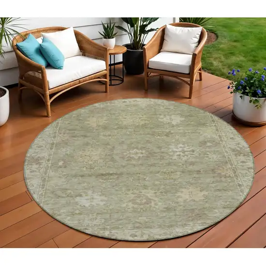 8' Sage And Beige Round Floral Washable Indoor Outdoor Area Rug Photo 2
