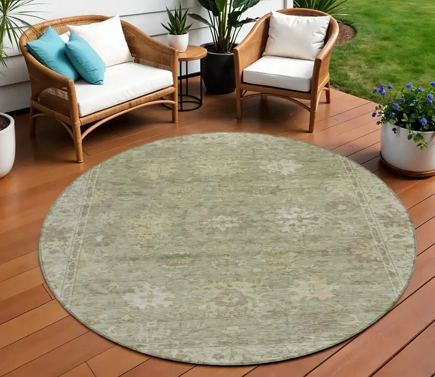 8' Sage And Beige Round Floral Washable Indoor Outdoor Area Rug Photo 2