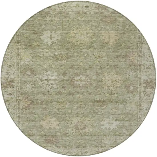 8' Sage And Beige Round Floral Washable Indoor Outdoor Area Rug Photo 3