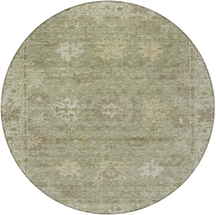 8' Sage And Beige Round Floral Washable Indoor Outdoor Area Rug Photo 3