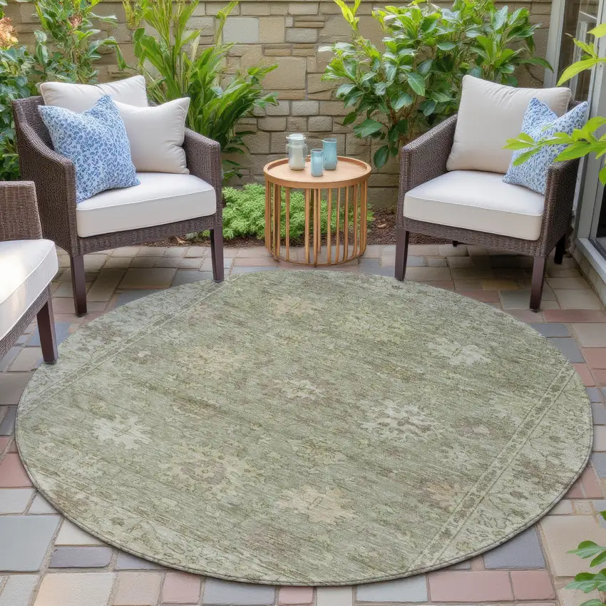 8' Sage And Beige Round Floral Washable Indoor Outdoor Area Rug Photo 7