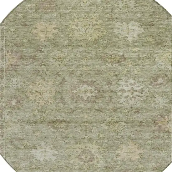 8' Sage And Beige Round Floral Washable Indoor Outdoor Area Rug Photo 4