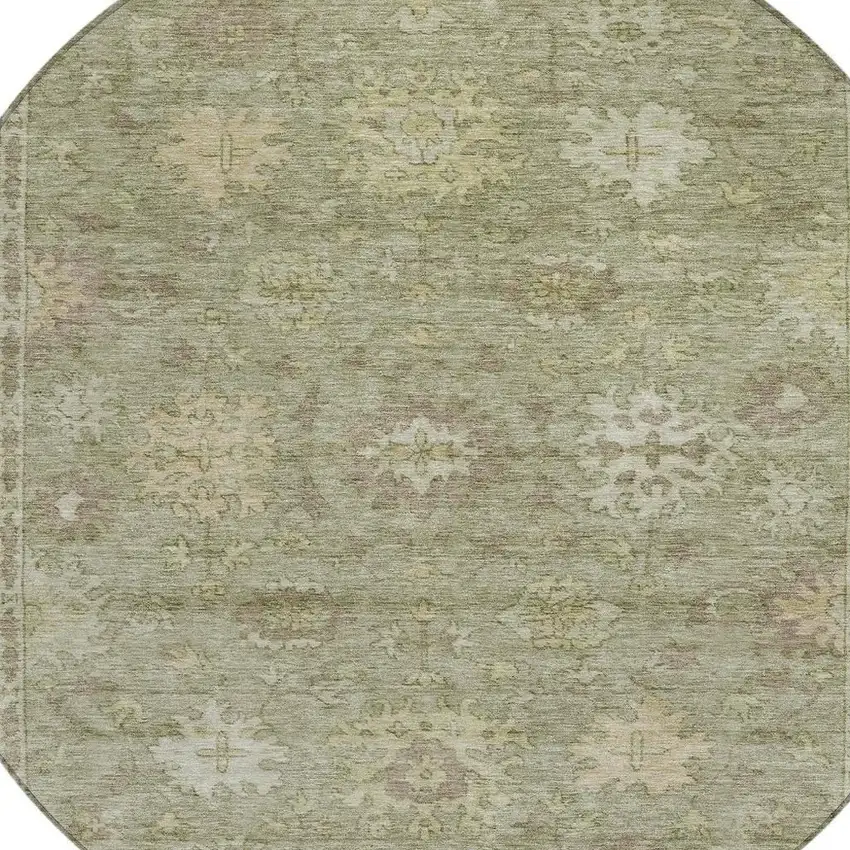 8' Sage And Beige Round Floral Washable Indoor Outdoor Area Rug Photo 4