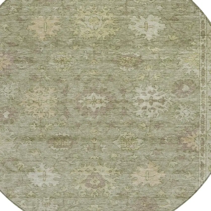 8' Sage And Beige Round Floral Washable Indoor Outdoor Area Rug Photo 9