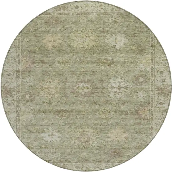 8' Sage And Beige Round Floral Washable Indoor Outdoor Area Rug Photo 1