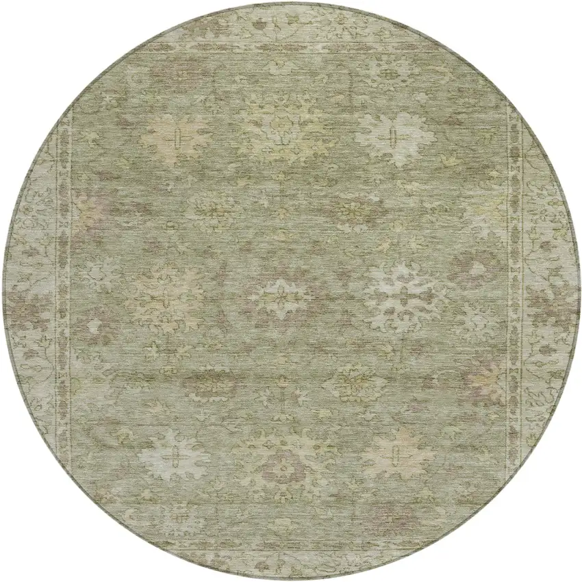 8' Sage And Beige Round Floral Washable Indoor Outdoor Area Rug Photo 1