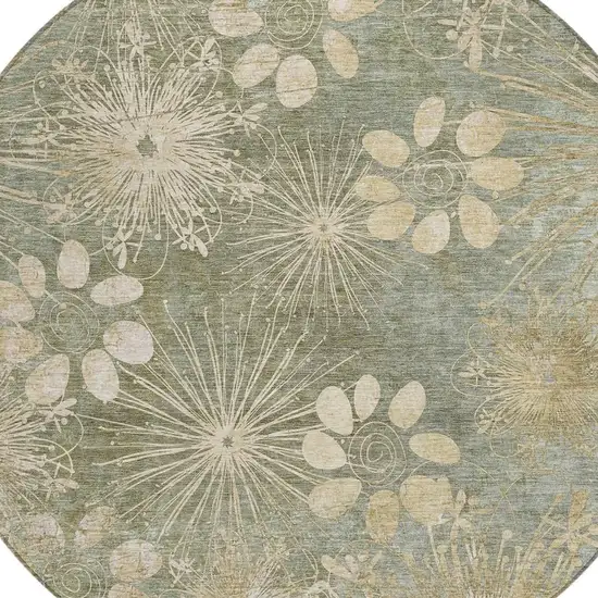 8' Sage And Beige Round Floral Washable Indoor Outdoor Area Rug Photo 6