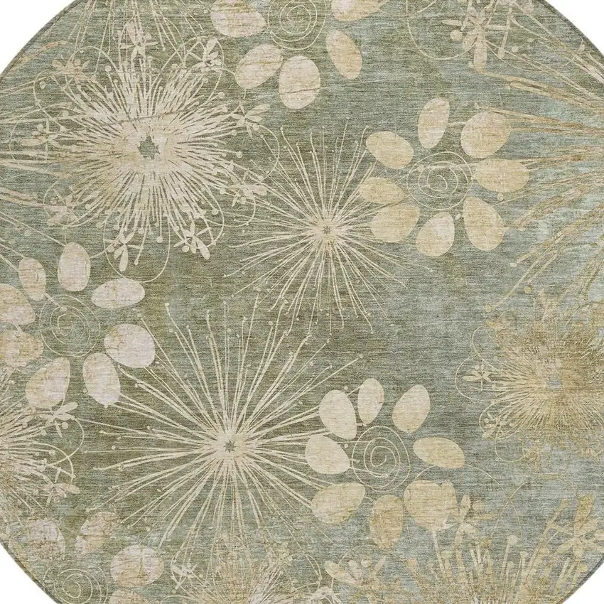 8' Sage And Beige Round Floral Washable Indoor Outdoor Area Rug Photo 6