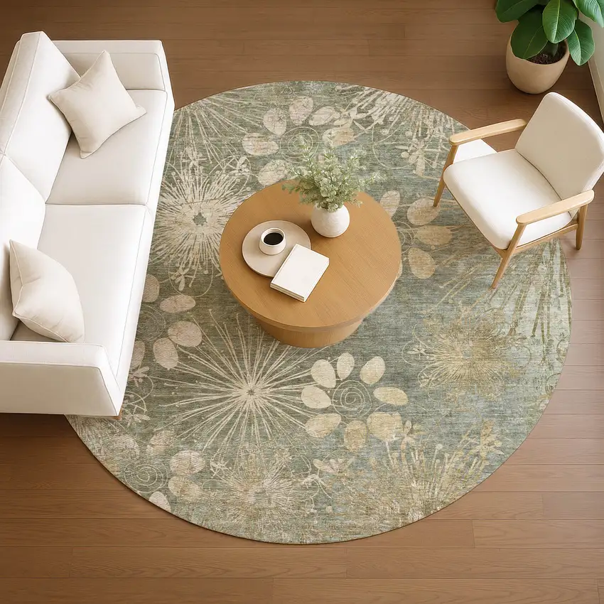 8' Sage And Beige Round Floral Washable Indoor Outdoor Area Rug Photo 9
