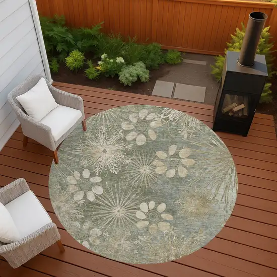 8' Sage And Beige Round Floral Washable Indoor Outdoor Area Rug Photo 8