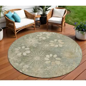 Photo of 8' Sage And Beige Round Floral Washable Indoor Outdoor Area Rug