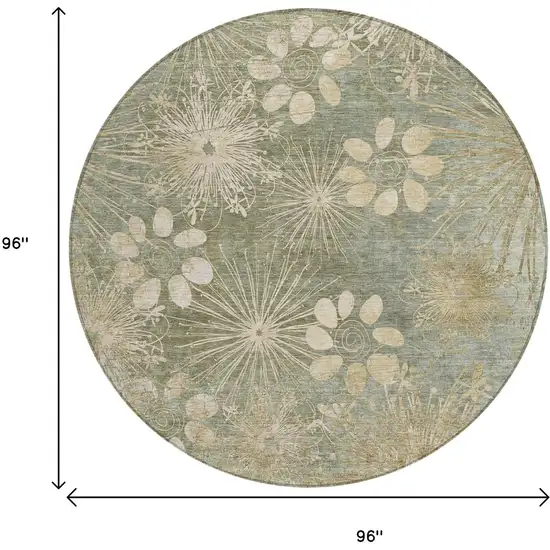 8' Sage And Beige Round Floral Washable Indoor Outdoor Area Rug Photo 3