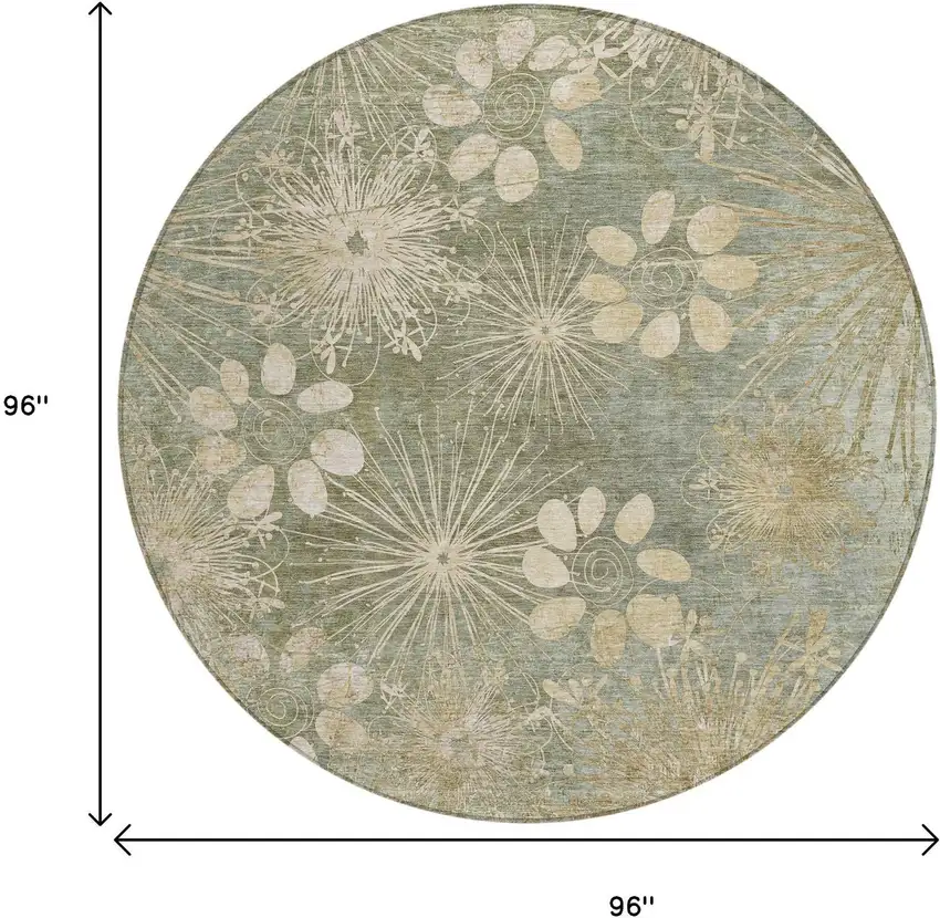 8' Sage And Beige Round Floral Washable Indoor Outdoor Area Rug Photo 3