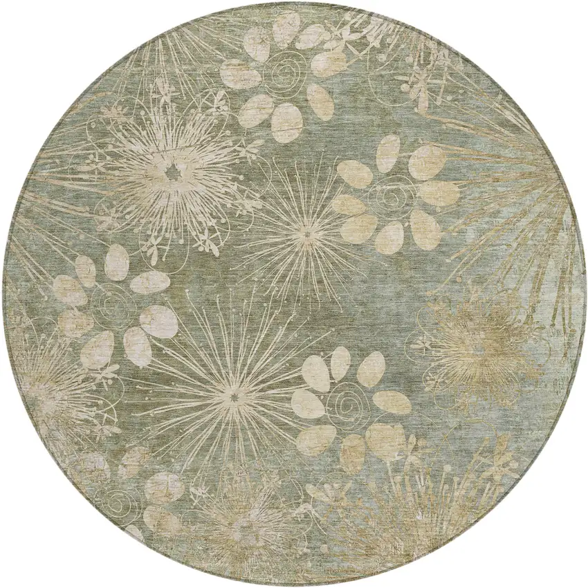 8' Sage And Beige Round Floral Washable Indoor Outdoor Area Rug Photo 2