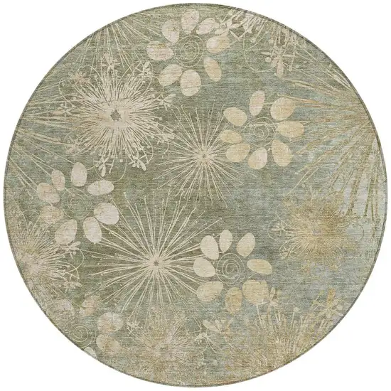8' Sage And Beige Round Floral Washable Indoor Outdoor Area Rug Photo 4