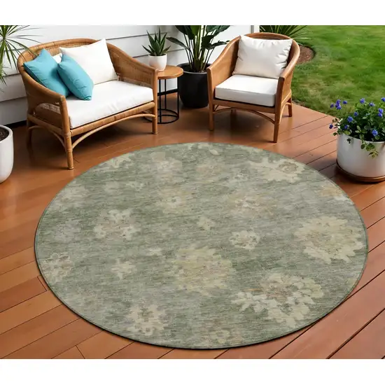 8' Sage And Beige Round Floral Washable Indoor Outdoor Area Rug Photo 1