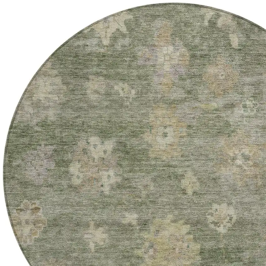 8' Sage And Beige Round Floral Washable Indoor Outdoor Area Rug Photo 7