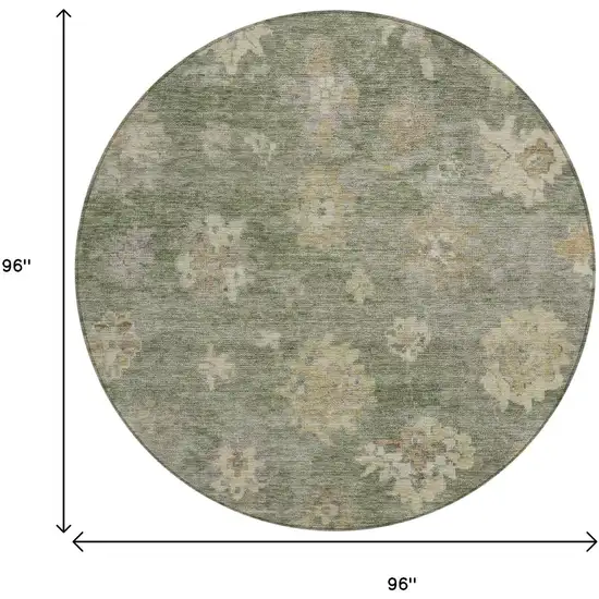 8' Sage And Beige Round Floral Washable Indoor Outdoor Area Rug Photo 3