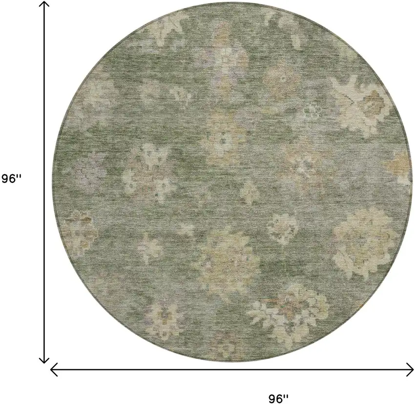 8' Sage And Beige Round Floral Washable Indoor Outdoor Area Rug Photo 3
