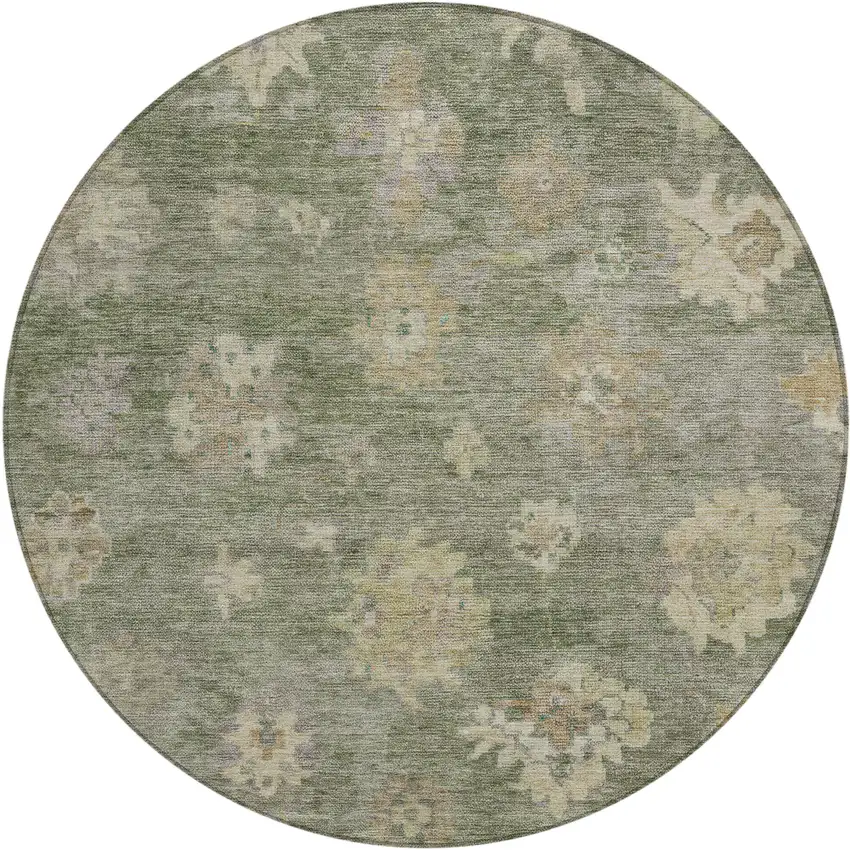 8' Sage And Beige Round Floral Washable Indoor Outdoor Area Rug Photo 2