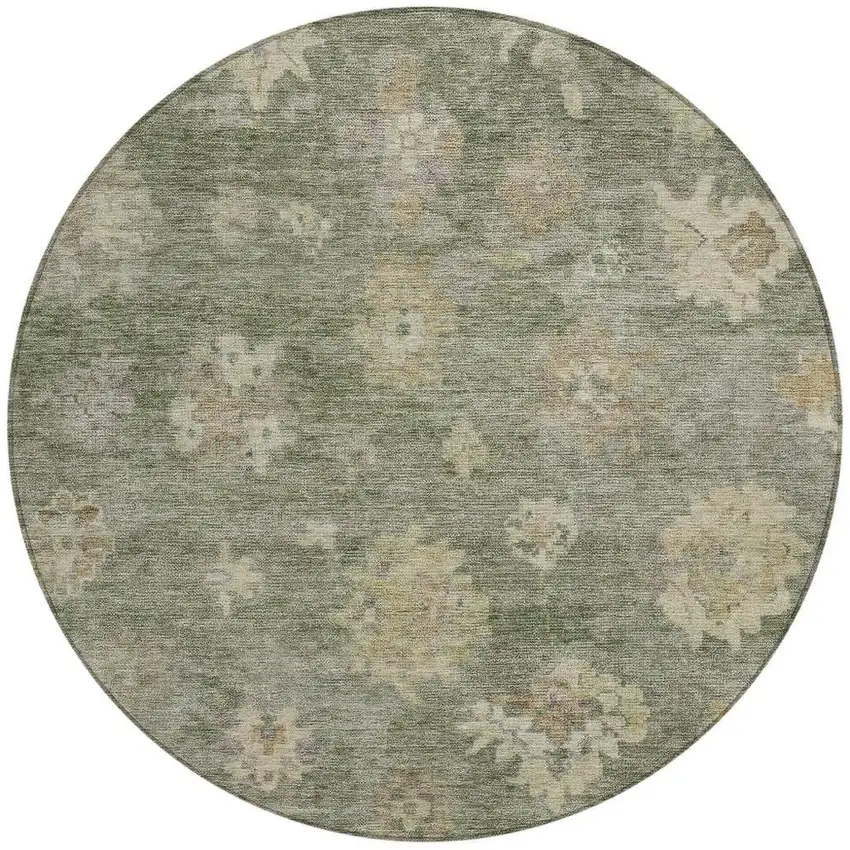 8' Sage And Beige Round Floral Washable Indoor Outdoor Area Rug Photo 4