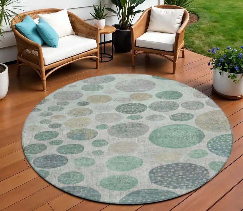 8' Sage And Beige Round Geometric Washable Indoor Outdoor Area Rug Photo 2