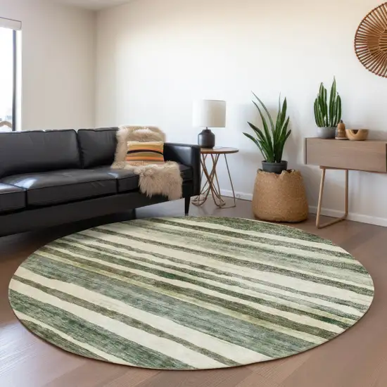 8' Sage And Beige Round Striped Washable Indoor Outdoor Area Rug Photo 7