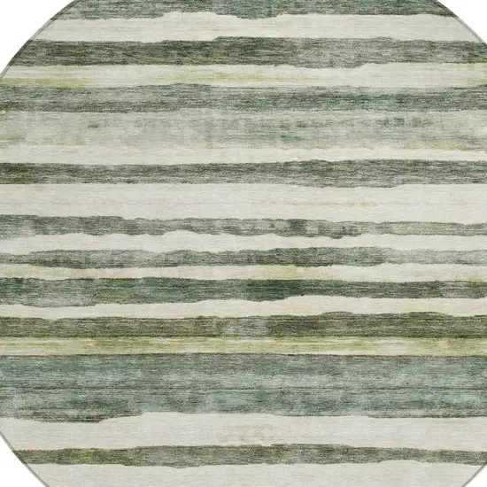 8' Sage And Beige Round Striped Washable Indoor Outdoor Area Rug Photo 4