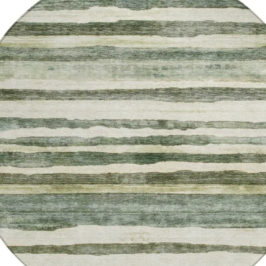 8' Sage And Beige Round Striped Washable Indoor Outdoor Area Rug Photo 4