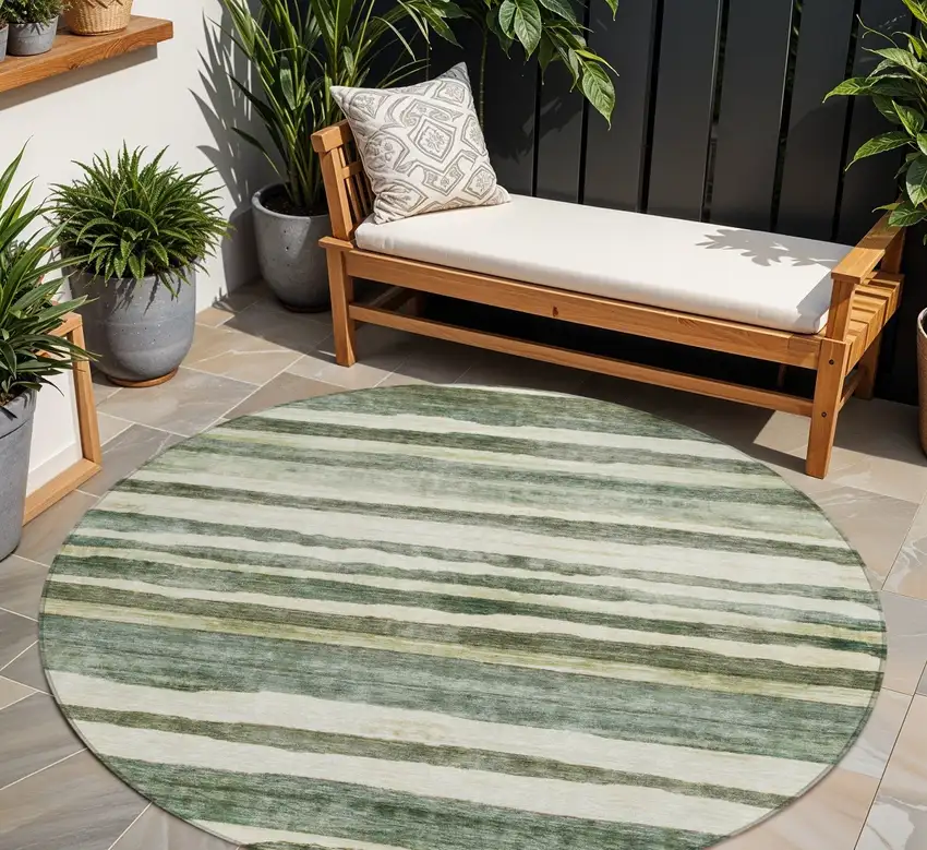 8' Sage And Beige Round Striped Washable Indoor Outdoor Area Rug Photo 1