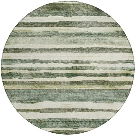 8' Sage And Beige Round Striped Washable Indoor Outdoor Area Rug Photo 2
