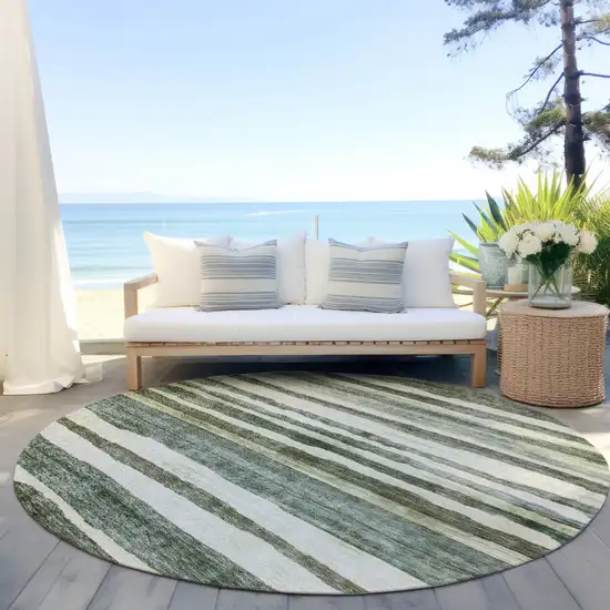8' Sage And Beige Round Striped Washable Indoor Outdoor Area Rug Photo 6