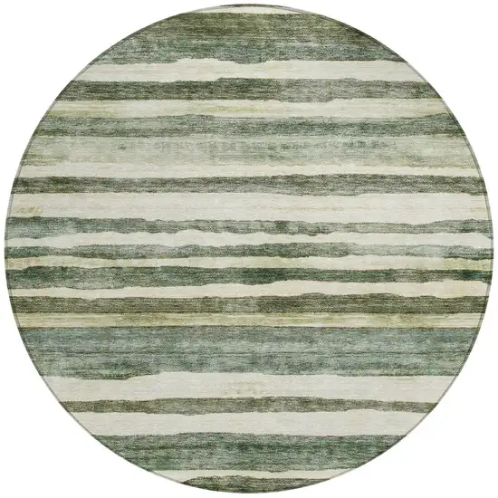 8' Sage And Beige Round Striped Washable Indoor Outdoor Area Rug Photo 5