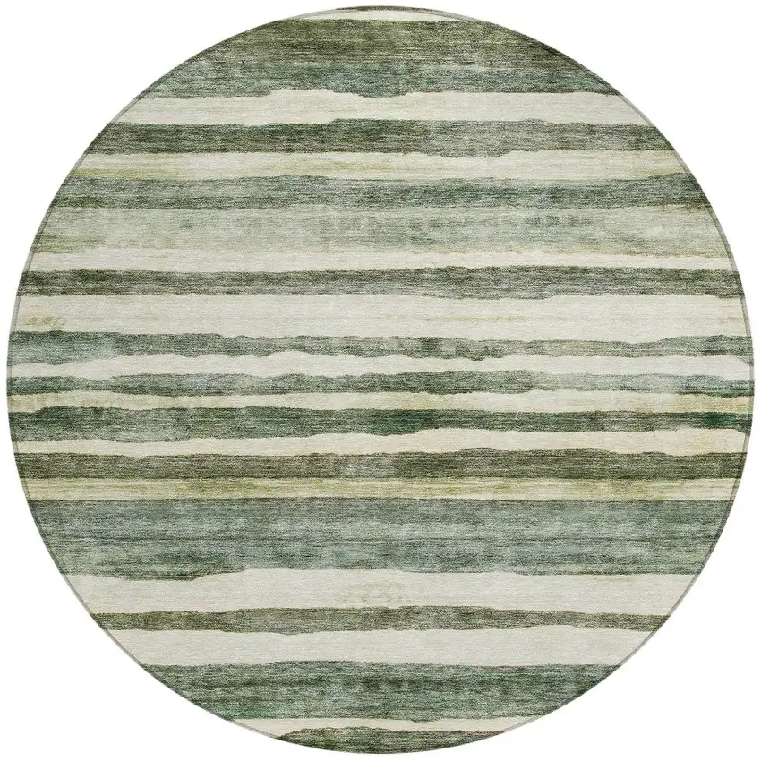8' Sage And Beige Round Striped Washable Indoor Outdoor Area Rug Photo 5
