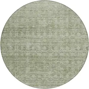 Photo of 8' Sage And Beige Round Striped Washable Indoor Outdoor Area Rug