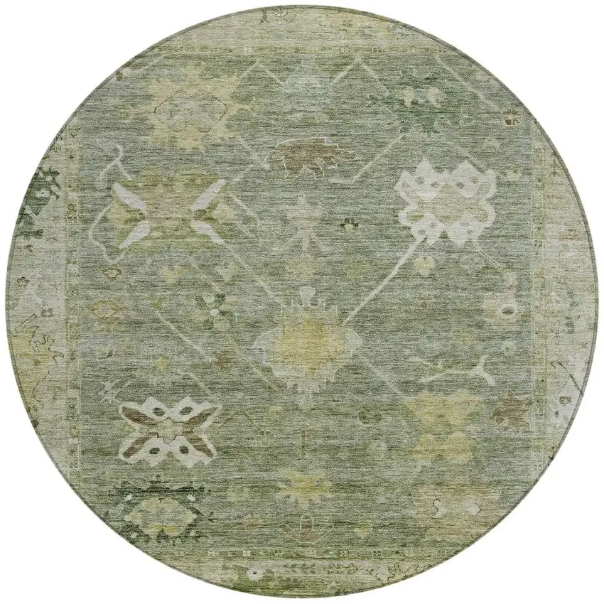 8' Sage And Beige Round Tribal Washable Indoor Outdoor Area Rug Photo 3