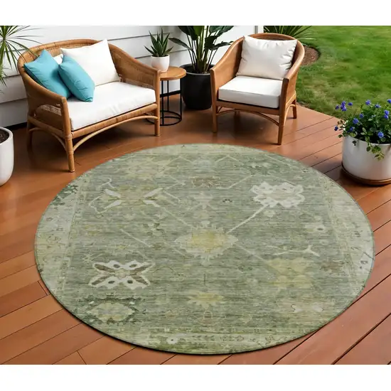 8' Sage And Beige Round Tribal Washable Indoor Outdoor Area Rug Photo 2