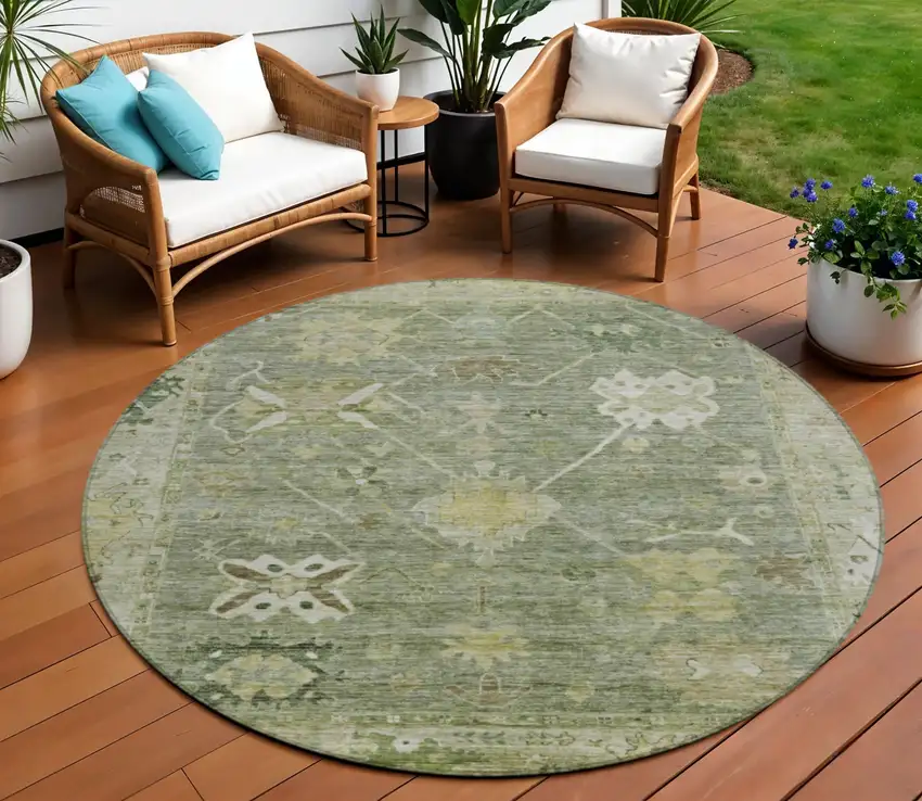 8' Sage And Beige Round Tribal Washable Indoor Outdoor Area Rug Photo 2