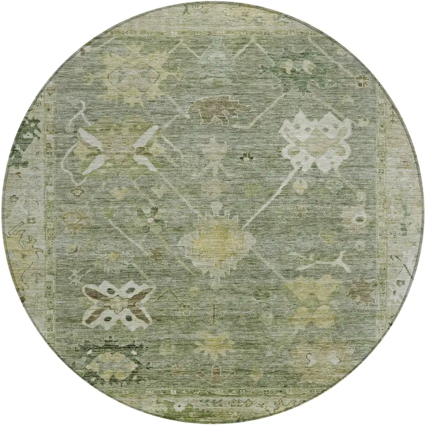 8' Sage And Beige Round Tribal Washable Indoor Outdoor Area Rug Photo 1