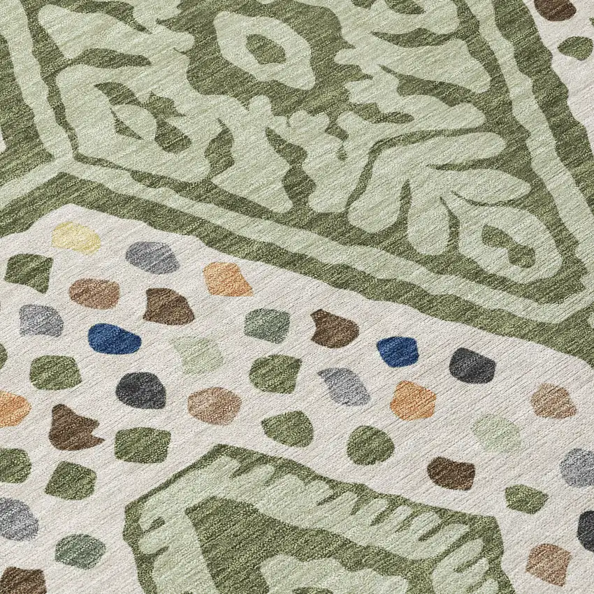 8' Sage And Beige Round Tribal Washable Indoor Outdoor Area Rug Photo 7