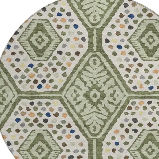 8' Sage And Beige Round Tribal Washable Indoor Outdoor Area Rug Photo 2