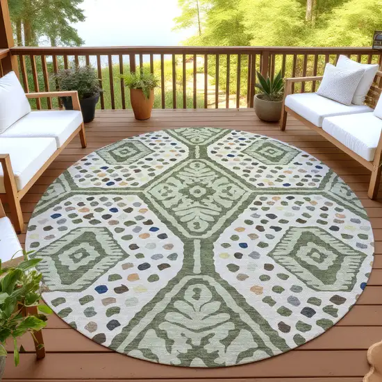 8' Sage And Beige Round Tribal Washable Indoor Outdoor Area Rug Photo 4